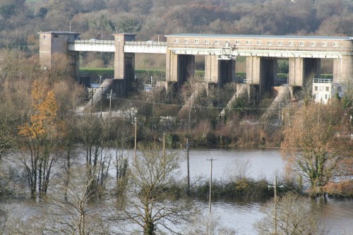 The six sluices controlling discharges down the old course of the river