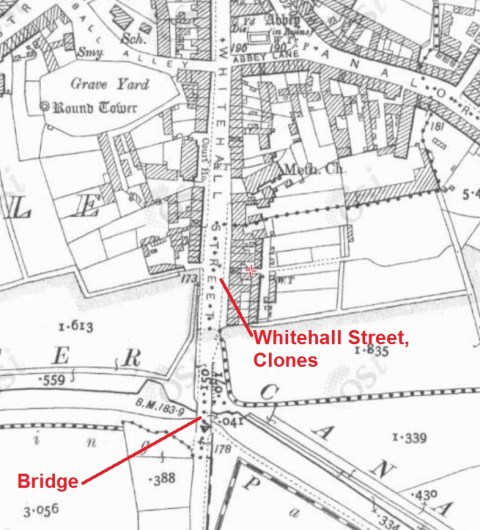 Whitehall Street Clones site of swing bridge on the Ulster Canal (OSI ~1900)